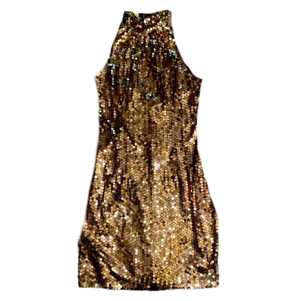 Sequenced VINTAGE. Rare, Nightline Della Roufogali copper halter  Dress